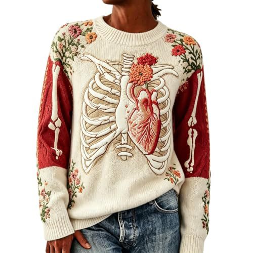 Women's Floral Heart Skeleton Print Crewneck Sweatshirt