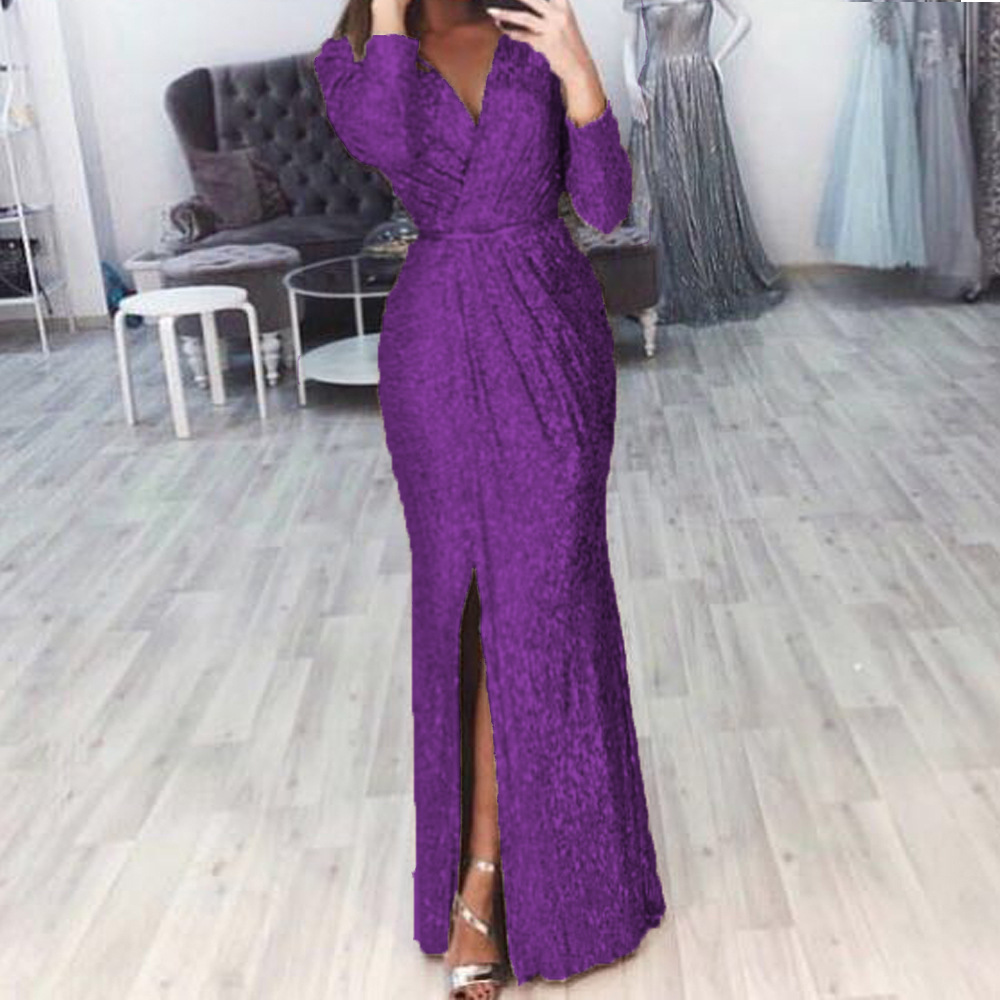 Women's Long Sleeve Deep V-Neck Sequin Evening Dress