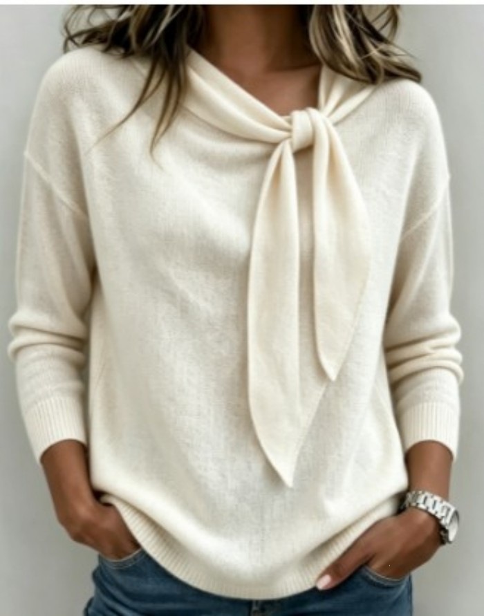 Bow Knit Sweater for Women Solid Color Round Neck Pullover