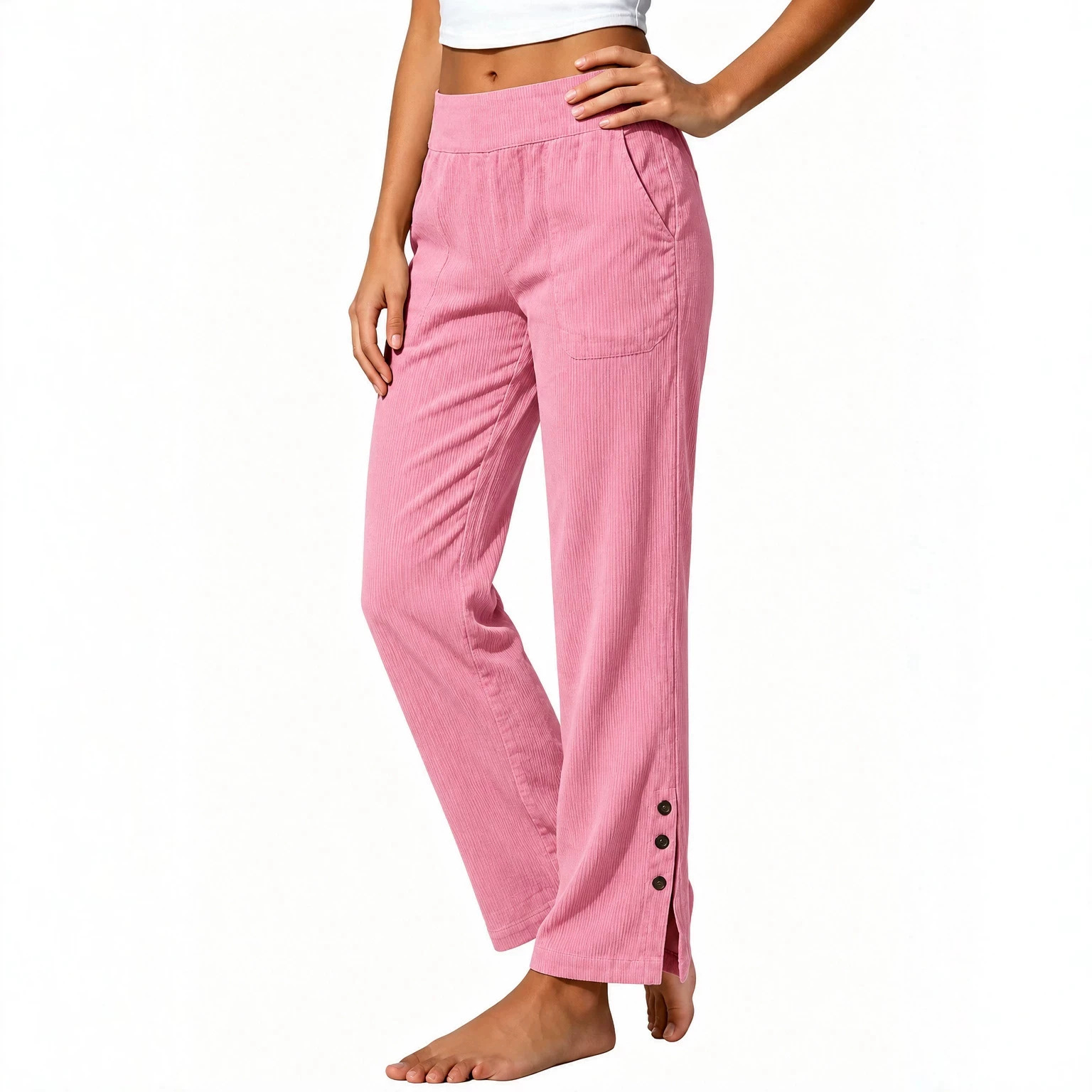 2026 European & American Cross-Border Women's Corduroy Casual Straight-Leg Pants High-Waist Loose Side-Pocket Slit Button Trousers for Women