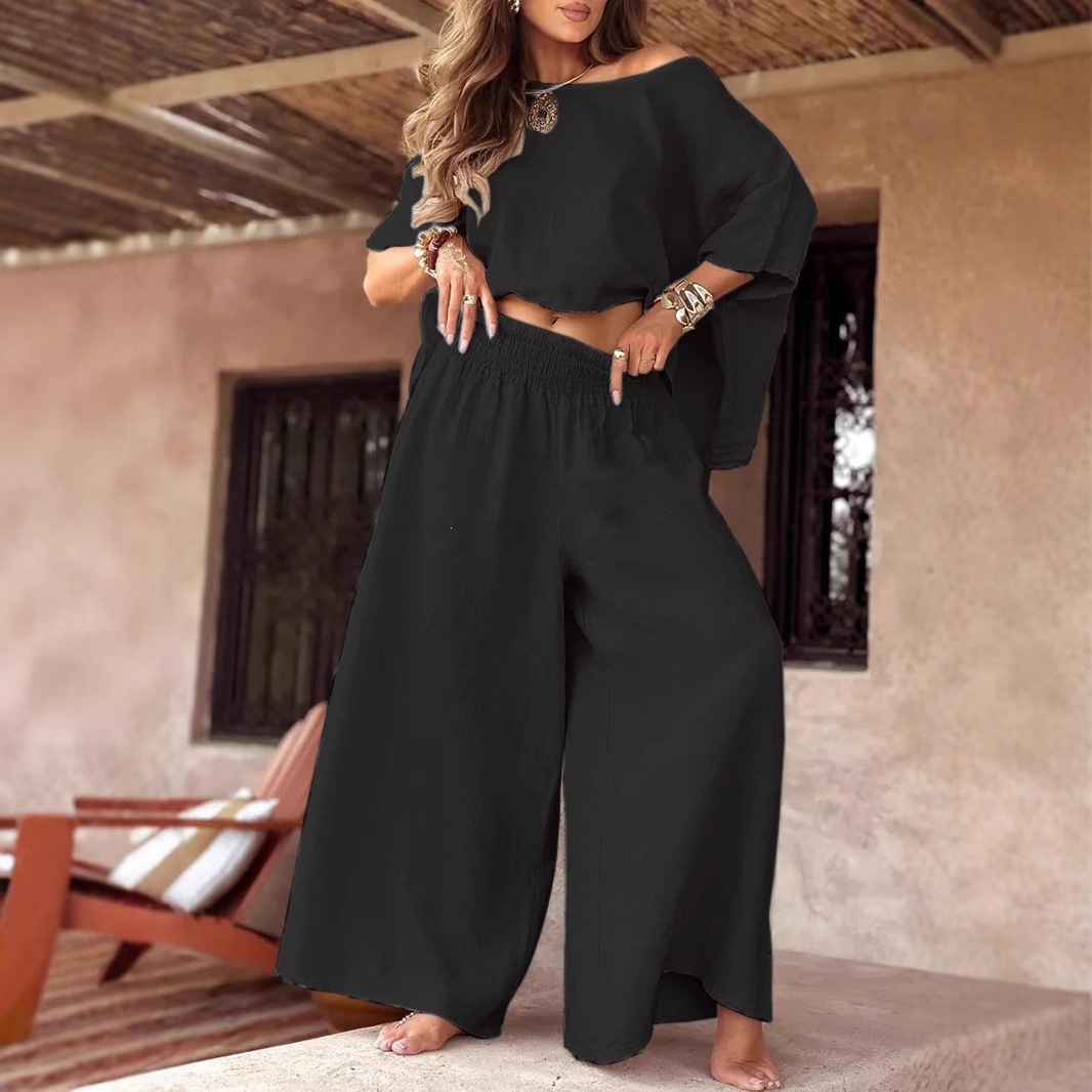Women's Solid Color Off-Shoulder Bell Sleeve Top Set Casual Loose Summer Two-Piece