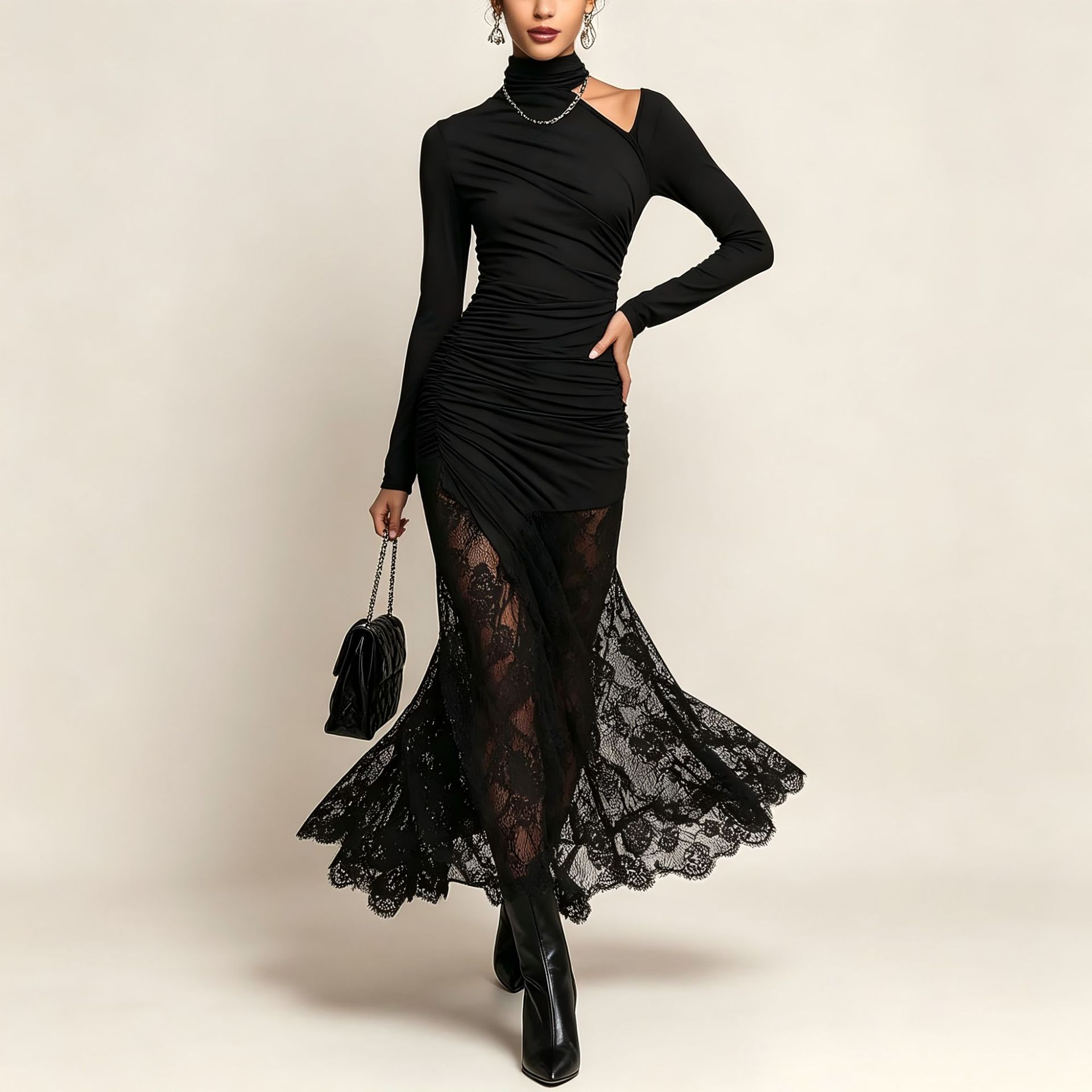 Elegant Lace Panel Off-Shoulder Mermaid Dress