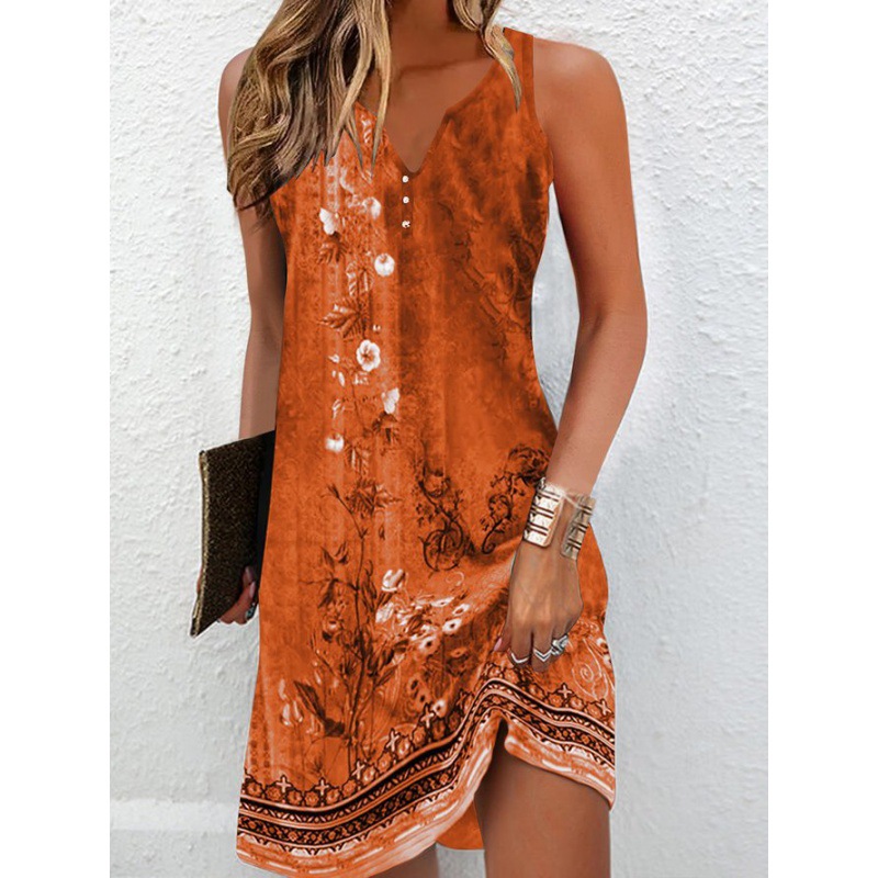 Women's Floral Print Single-Breasted A-Line Sleeveless V-Neck Dress