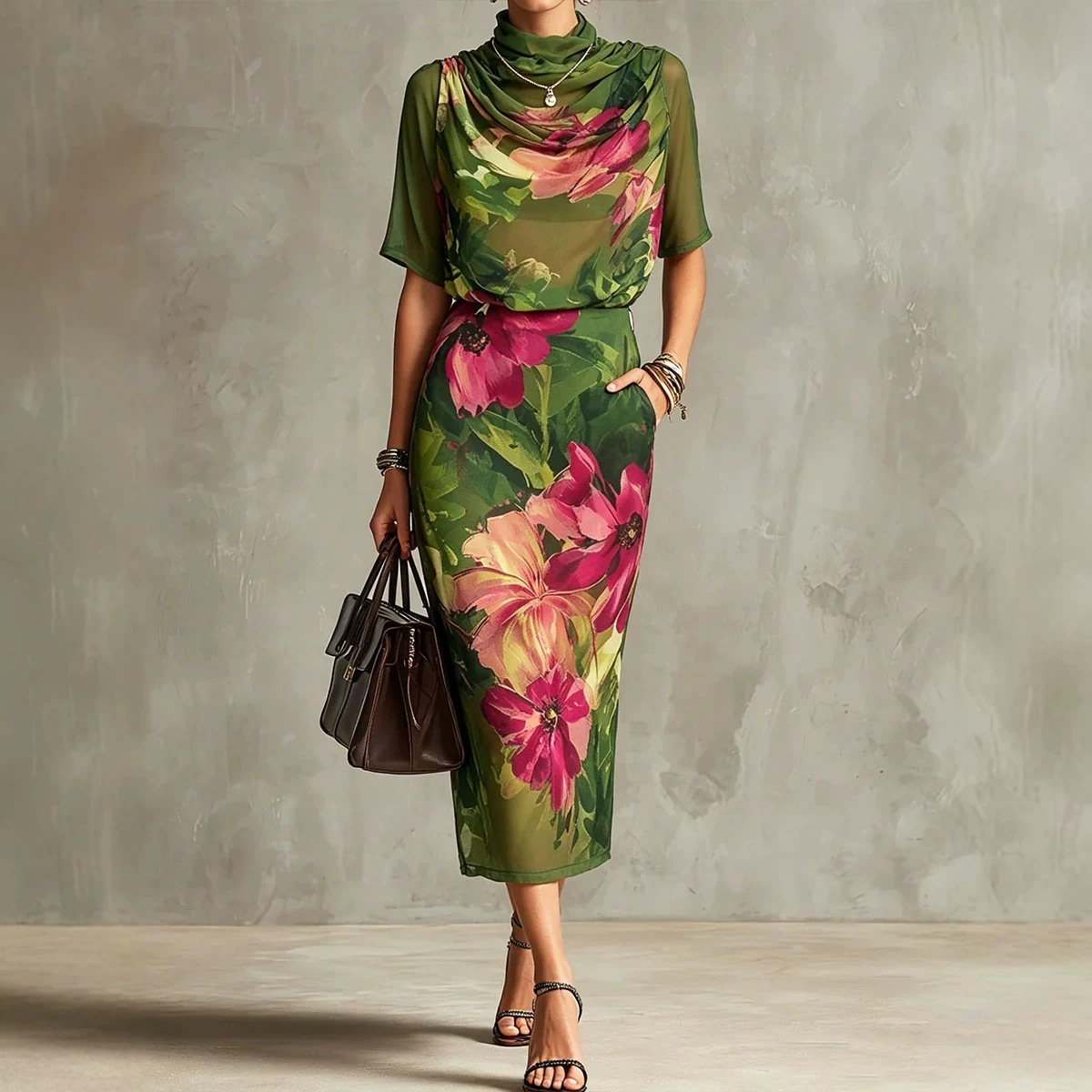 Floral Print Chiffon Top and Skirt Two-Piece Set