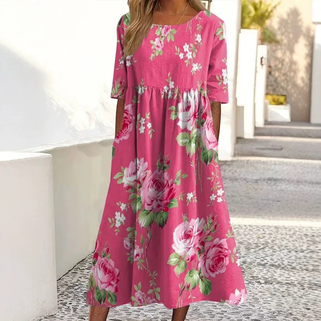 Women's Floral Print Ruched Midi Dress Casual Vacation Pullover