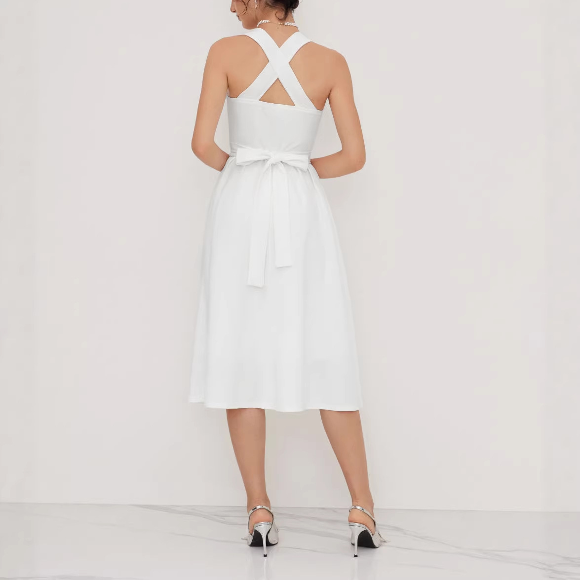 French Square-Neck Sleeveless A-Line Midi Dress