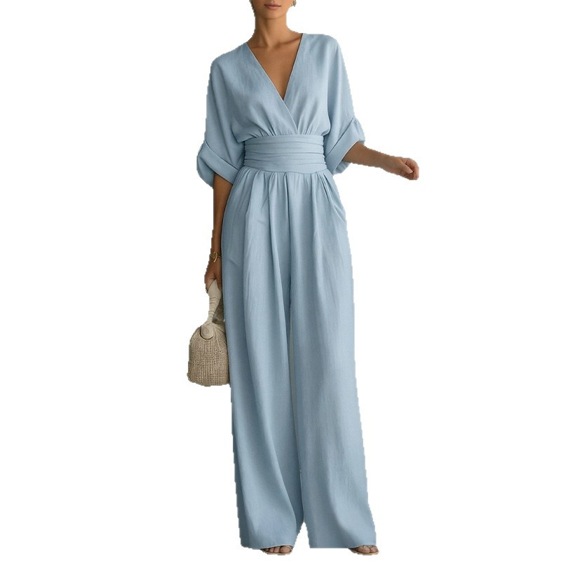 Women's Solid V-Neck Slim Waist Wide-Leg Jumpsuit