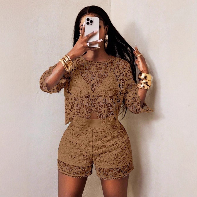 Women's Solid Color Hollow Lace Slim Fit Two-Piece Set
