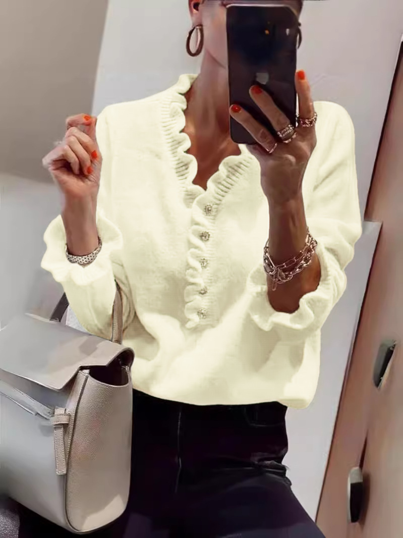 Women's Long Sleeve Ruffle Knit Top V-Neck Beaded