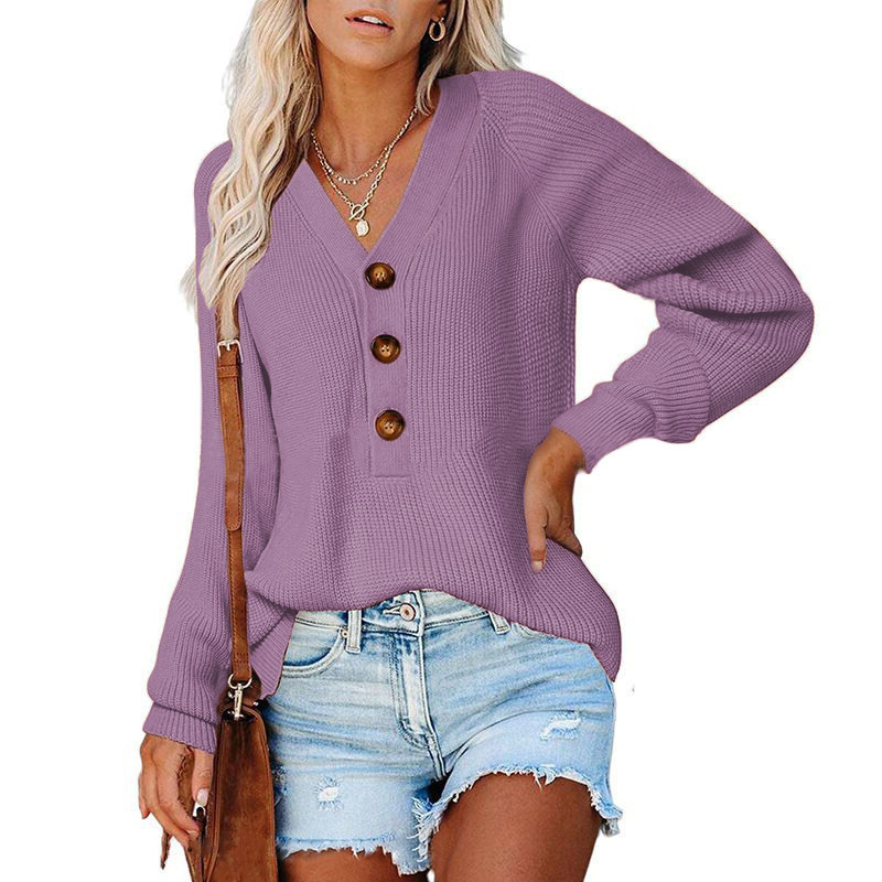 Button-Front V-Neck Knit Sweater for Women, Cotton Blend, Loose Fit, Long Sleeve