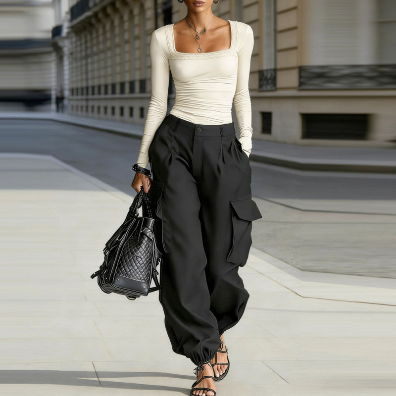 High-Waist Cargo Jogger Pants Loose Fit Solid Color