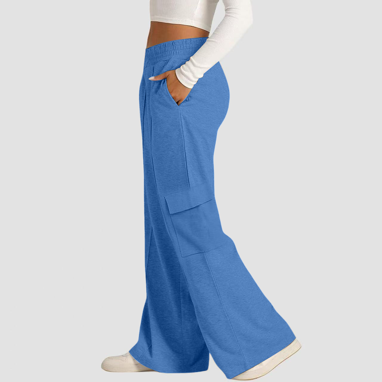 Women's Loose Wide-Leg Cargo Pants with Elastic Waist Drawstring Pockets