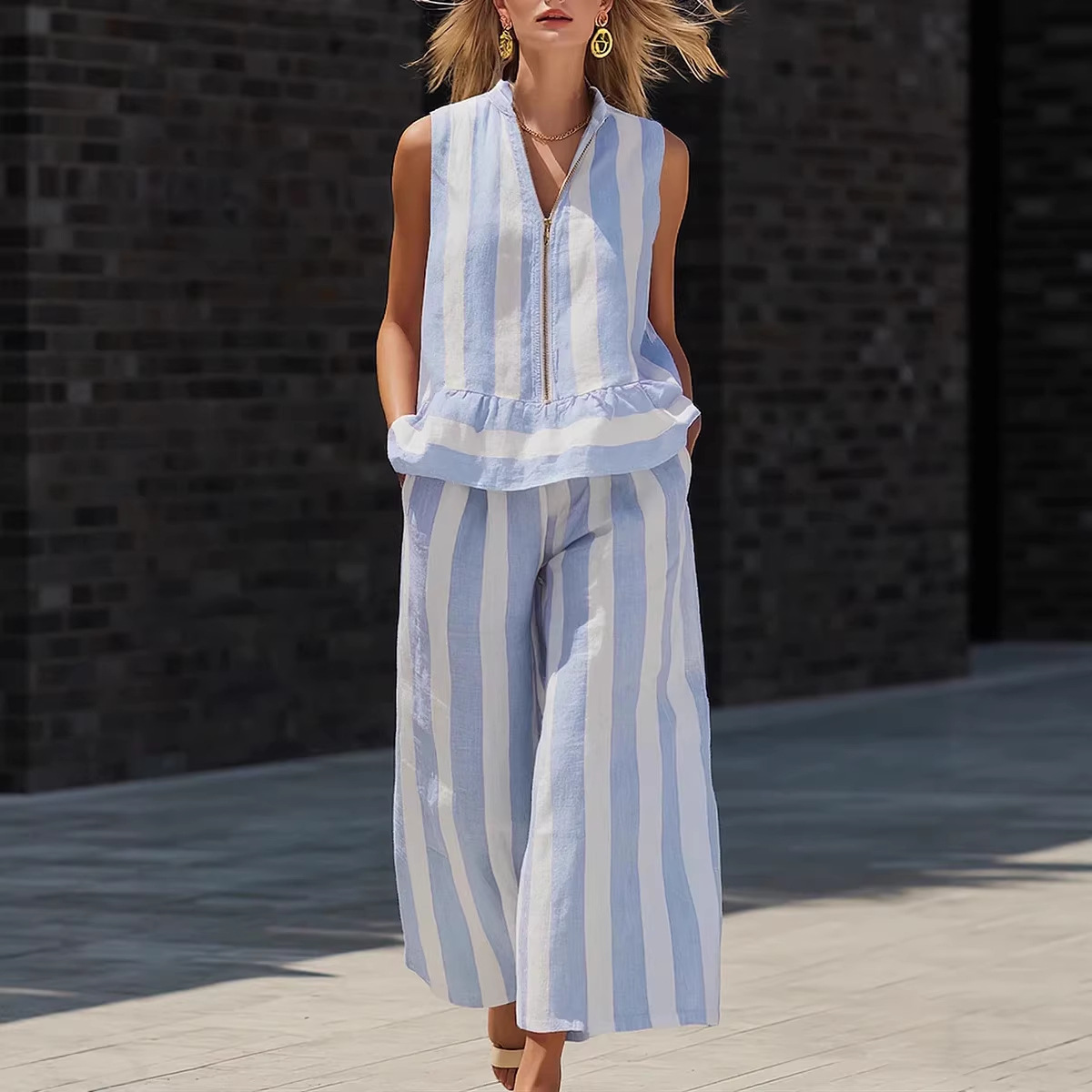 Women's Sleeveless Zip-Up Collared Shirt and Striped Pants Two-Piece Set