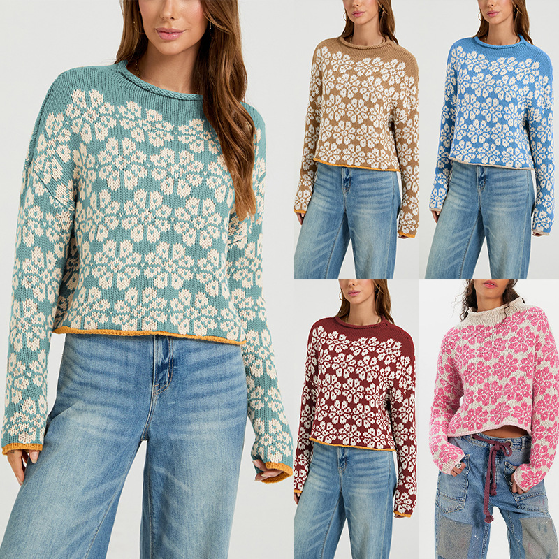 Women's Color-Block Jacquard Crewneck Sweater Loose Knit Pullover