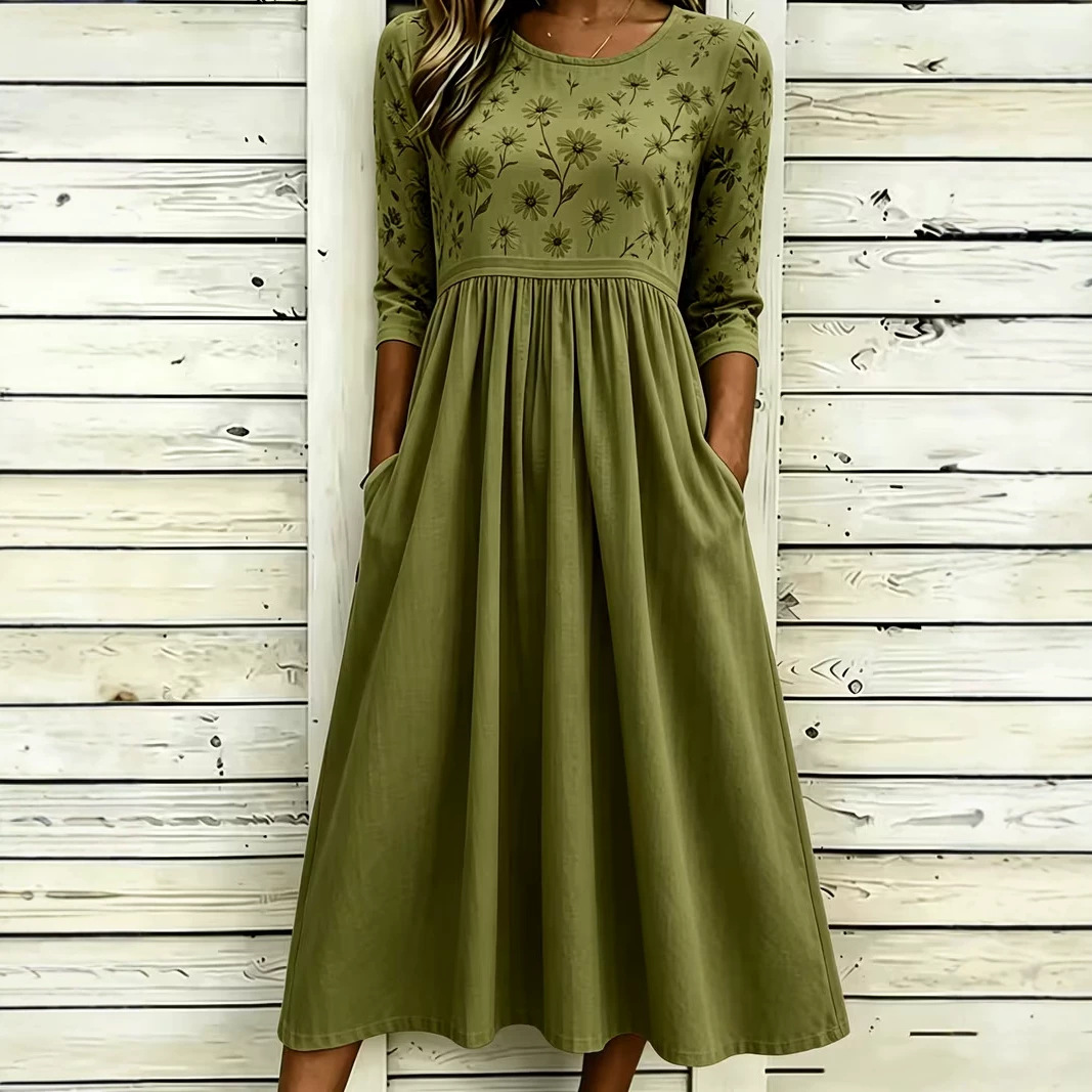 Women's Floral Print Pleated Midi Dress Round Neck Five-Sleeve Slim Fit