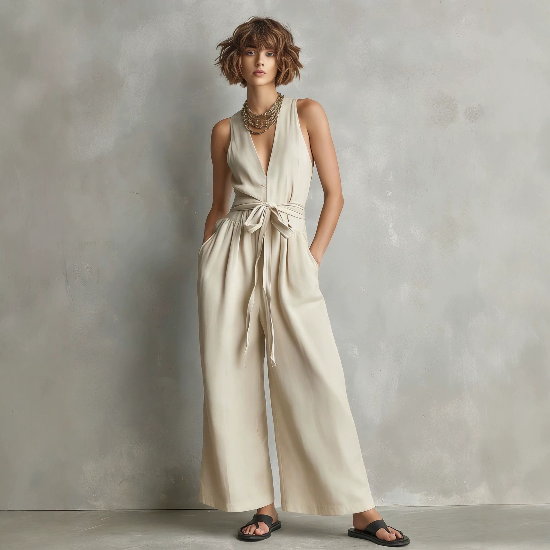 Women's Sleeveless V-Neck Jumpsuit Elegant Commuter Solid Color