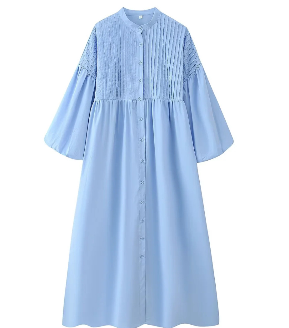 Women's Three-Color Round-Neck Button-Front Puff-Sleeve Textured Dress
