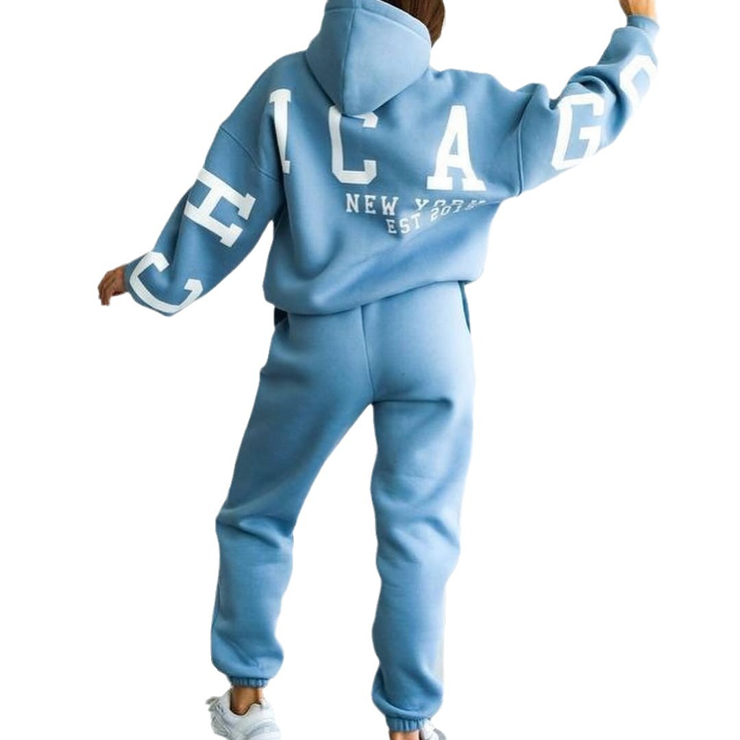 Women's Loose Back Print Hooded Sweatshirt and Pants Set