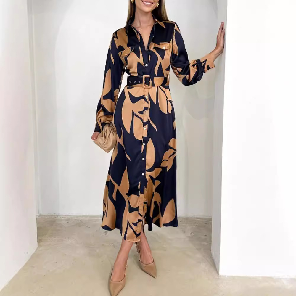 Floral Print V-Neck Long Sleeve Cinched Waist Retro Dress