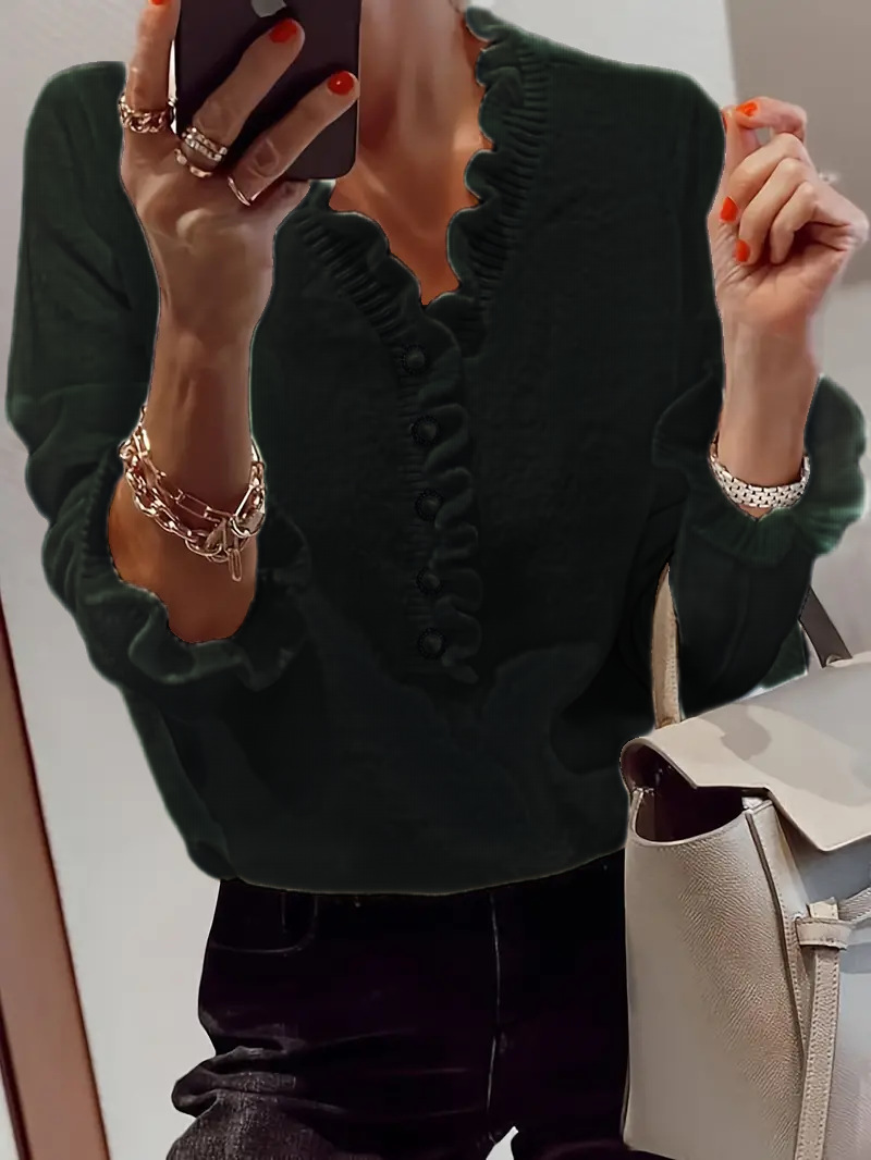 Women's Long Sleeve Ruffle Knit Top V-Neck Beaded