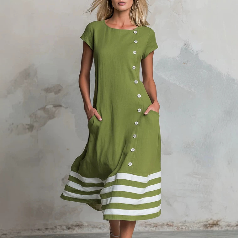 Retro Color-Block Striped Green Crewneck Short-Sleeve Midi Dress