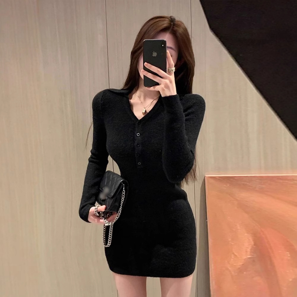 Women's Knit Long Sleeve Bodycon Mini Dress V-Neck Flare Sleeve