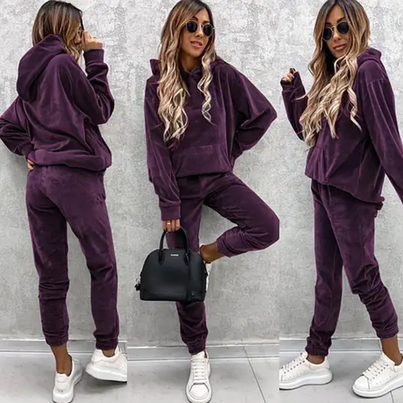Women's Solid Color Hoodie and Pants Two-Piece Set