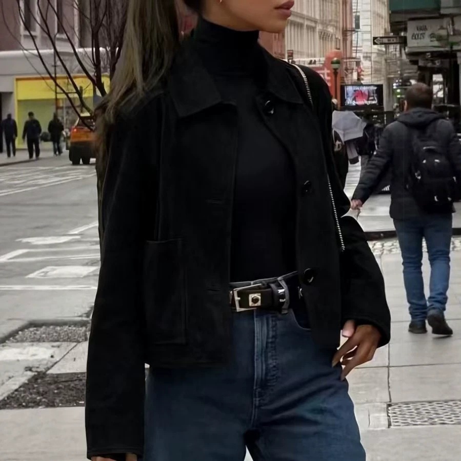 Suede Women's Slim Fit Single-Breasted Lapel Commuter Jacket