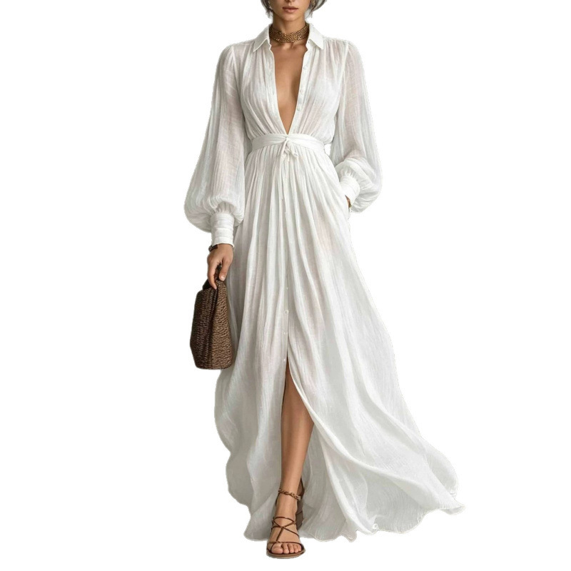 Boho Cotton-Linen Lantern Sleeve Pocket Dress