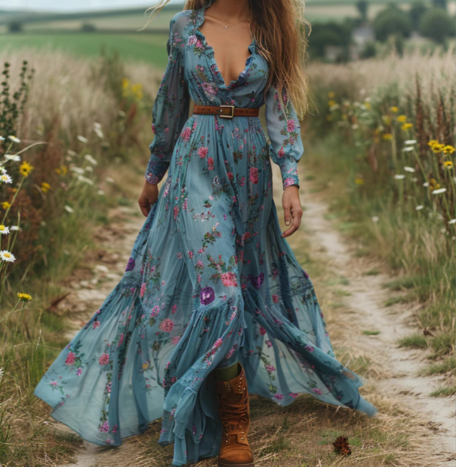 V-Neck Floral Long Sleeve Maxi Dress