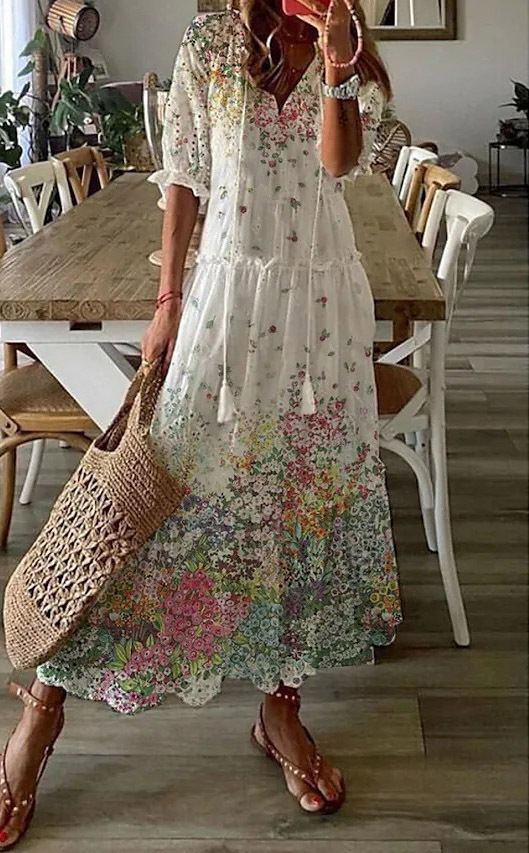 Women's Casual V-Neck Printed Tassel Midi Dress Loose A-Line