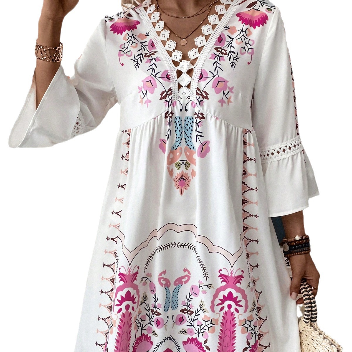 V-Neck Lace Panel Floral Print Casual Dress