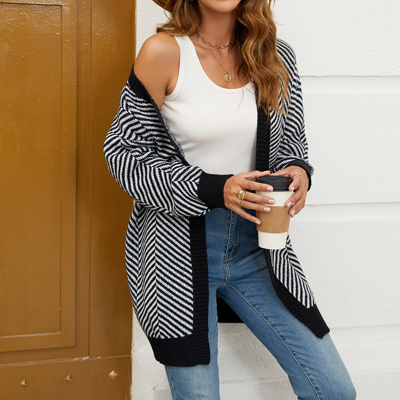 Women's Striped Colorblock Knit Cardigan Loose Long Sweater Coat