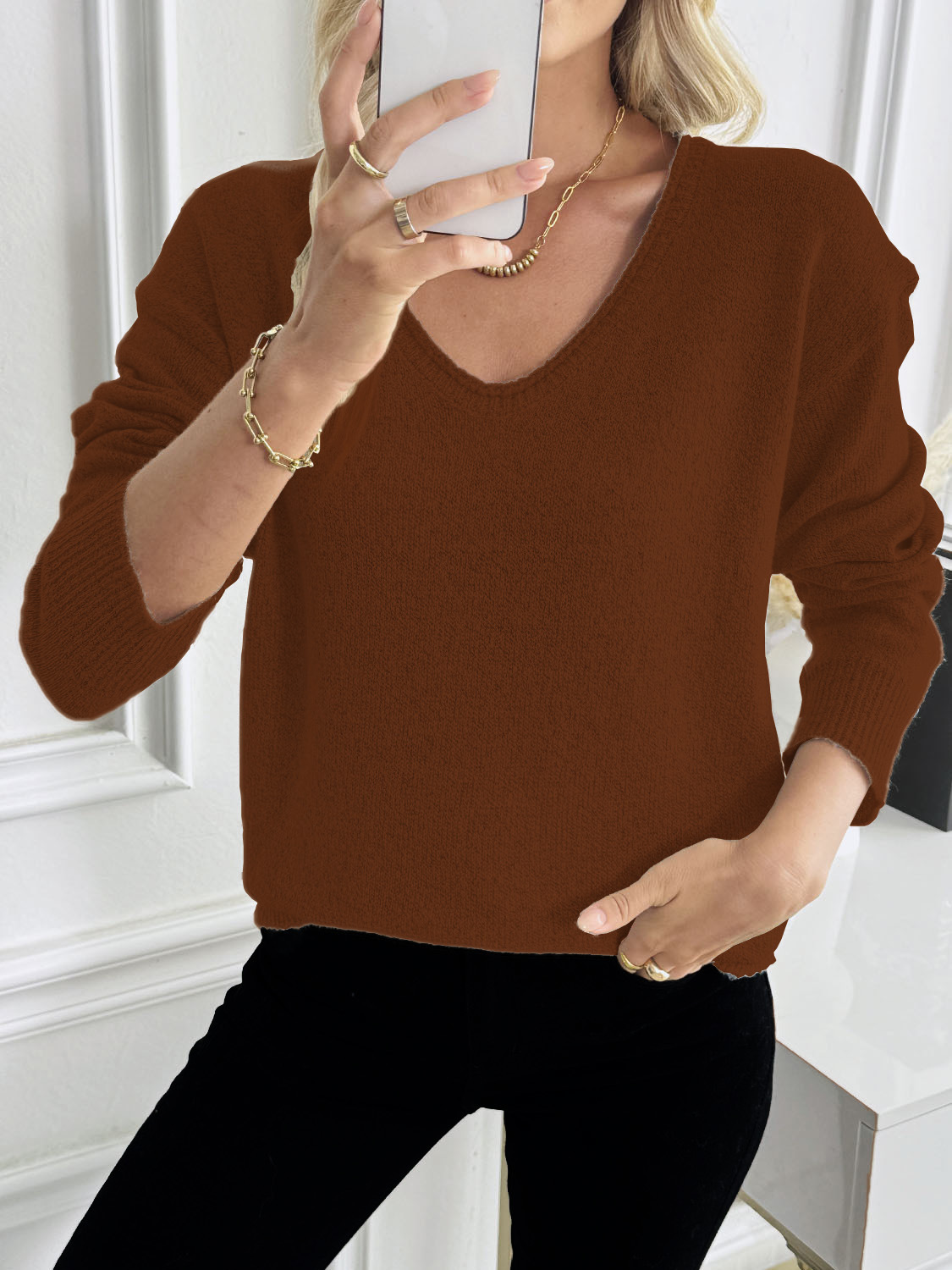 Women's Classic V-Neck Pullover Knit Sweater Multi-Color