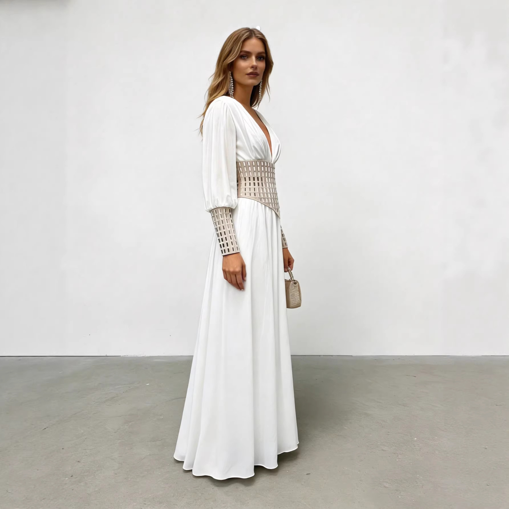 Rhinestone Mesh Loose-Fit Midi Dress with Deep V-Neck