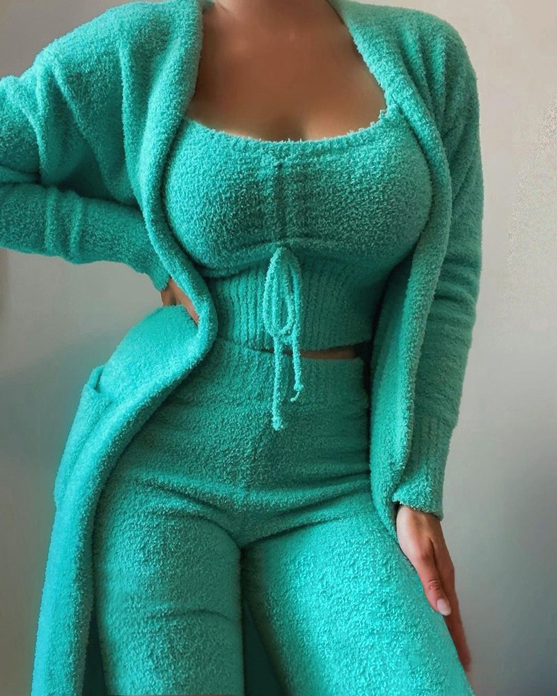 Women's Plush 3-Piece Tie Lounge Set with Pockets