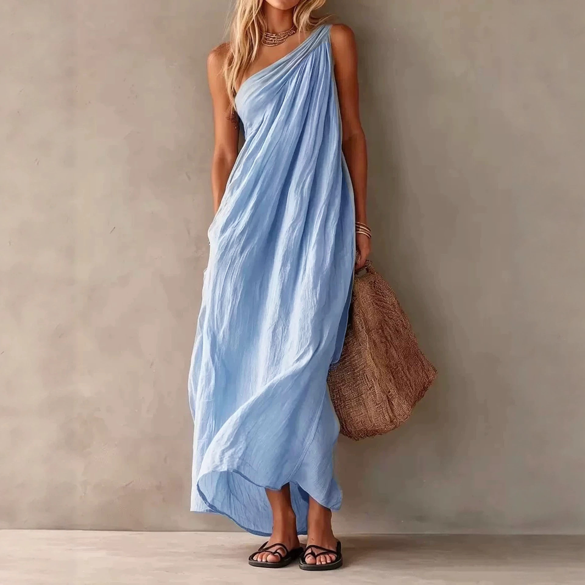 Women's One-Shoulder Long Dress Solid Color Casual Elegant Vacation A-Line