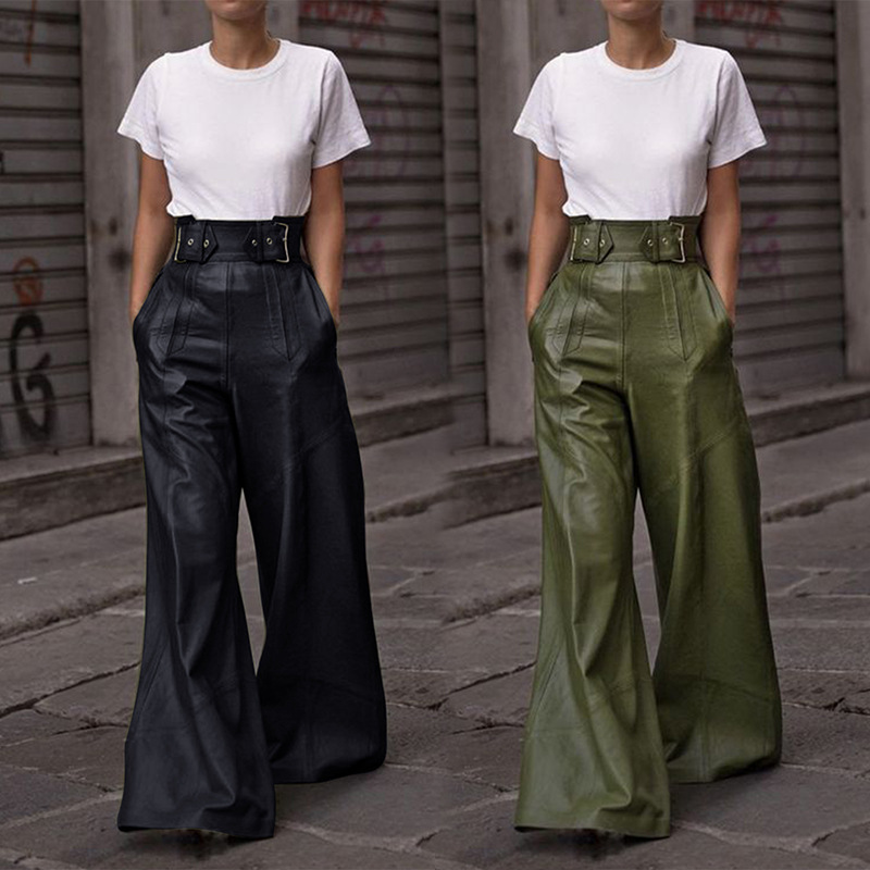 High-Waisted PU Faux Leather Flared Pants for Women with Pockets
