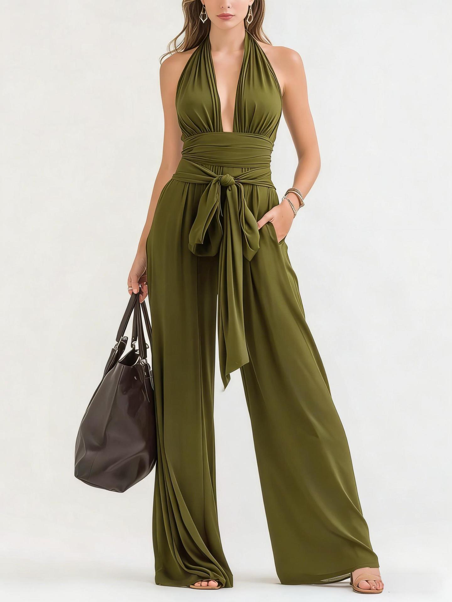Elegant Halter V-Neck Long Sleeveless Jumpsuit Solid Color