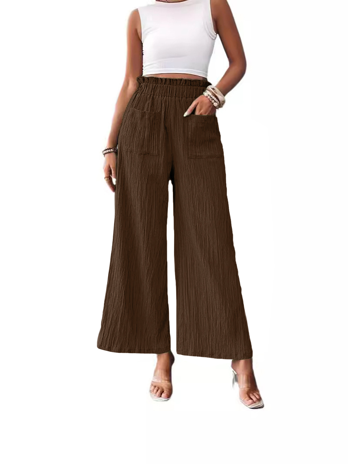 Women's Solid Color Wide-Leg Pants High Waist Loose Casual