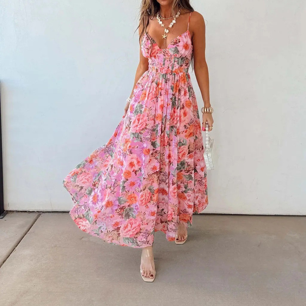 Retro Floral V-Neck High-Slit Cami Maxi Dress