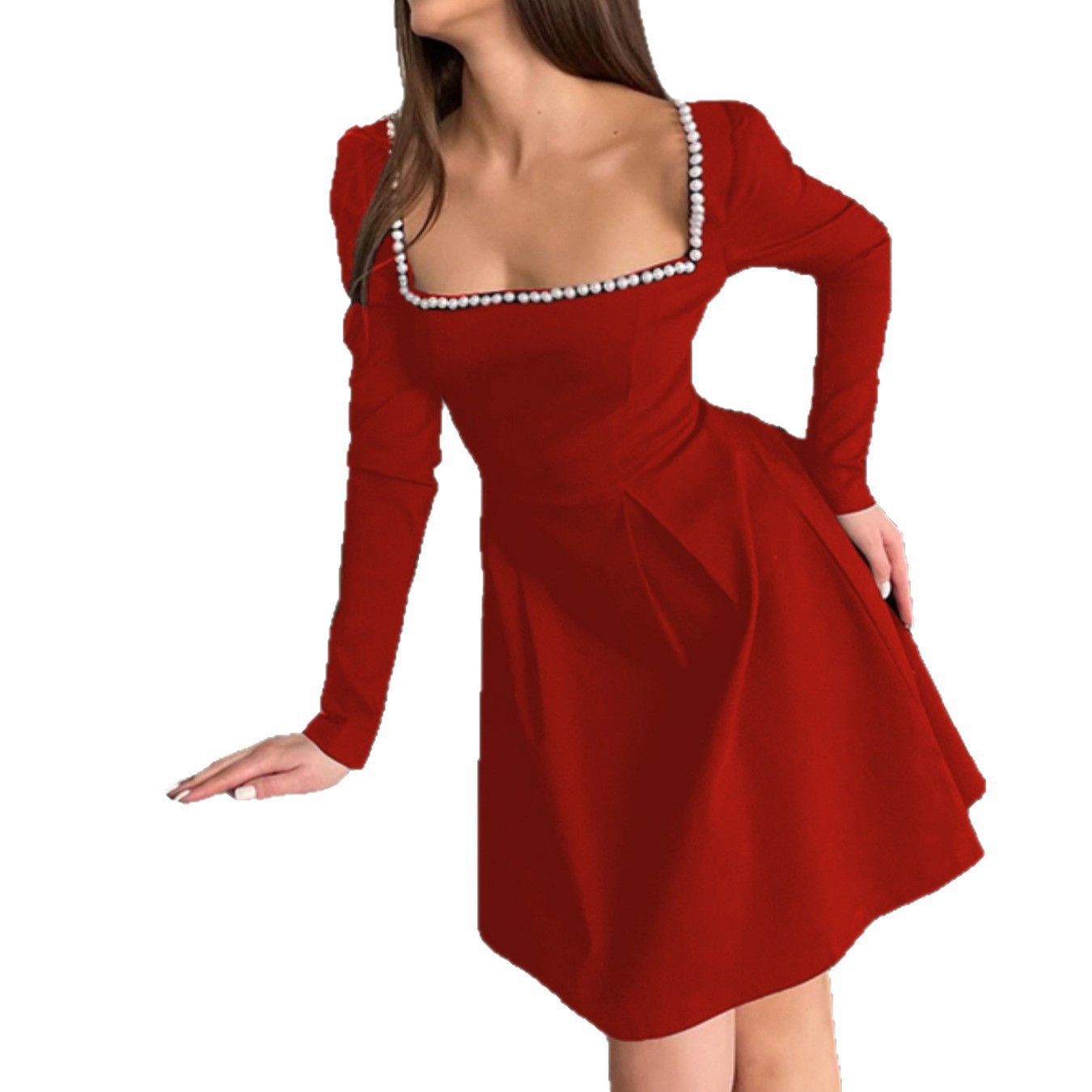 Women's A-Line Mini Dress with Pearl Long Sleeves and Waist-Cinching Square Neck