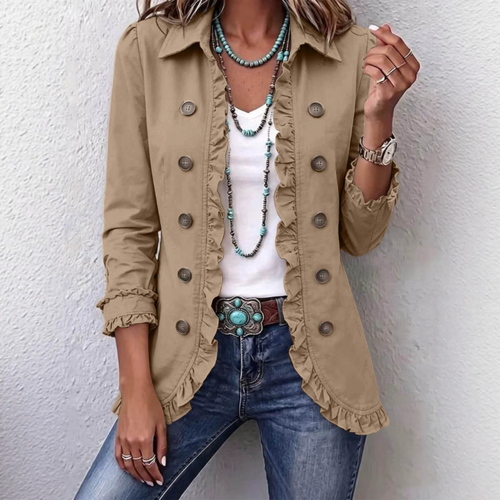 Ruffled Trim Solid Color Lapel Blazer Jacket