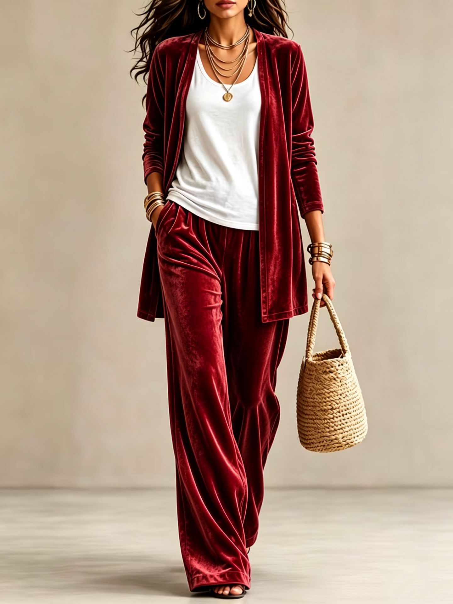Women's 2-Piece Lounge Set: Solid Long Cardigan & High-Waist Wide-Leg Pants