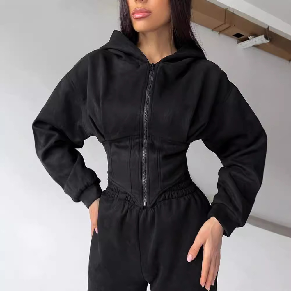 Women's Solid Color Hooded Waist-Cinched Sweatshirt and Pants Set Casual Two-Piece