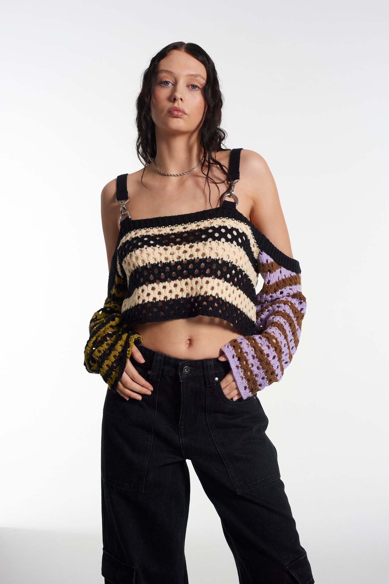 Off-Shoulder Striped Colorblock Cutout Crop Knit Cami Top