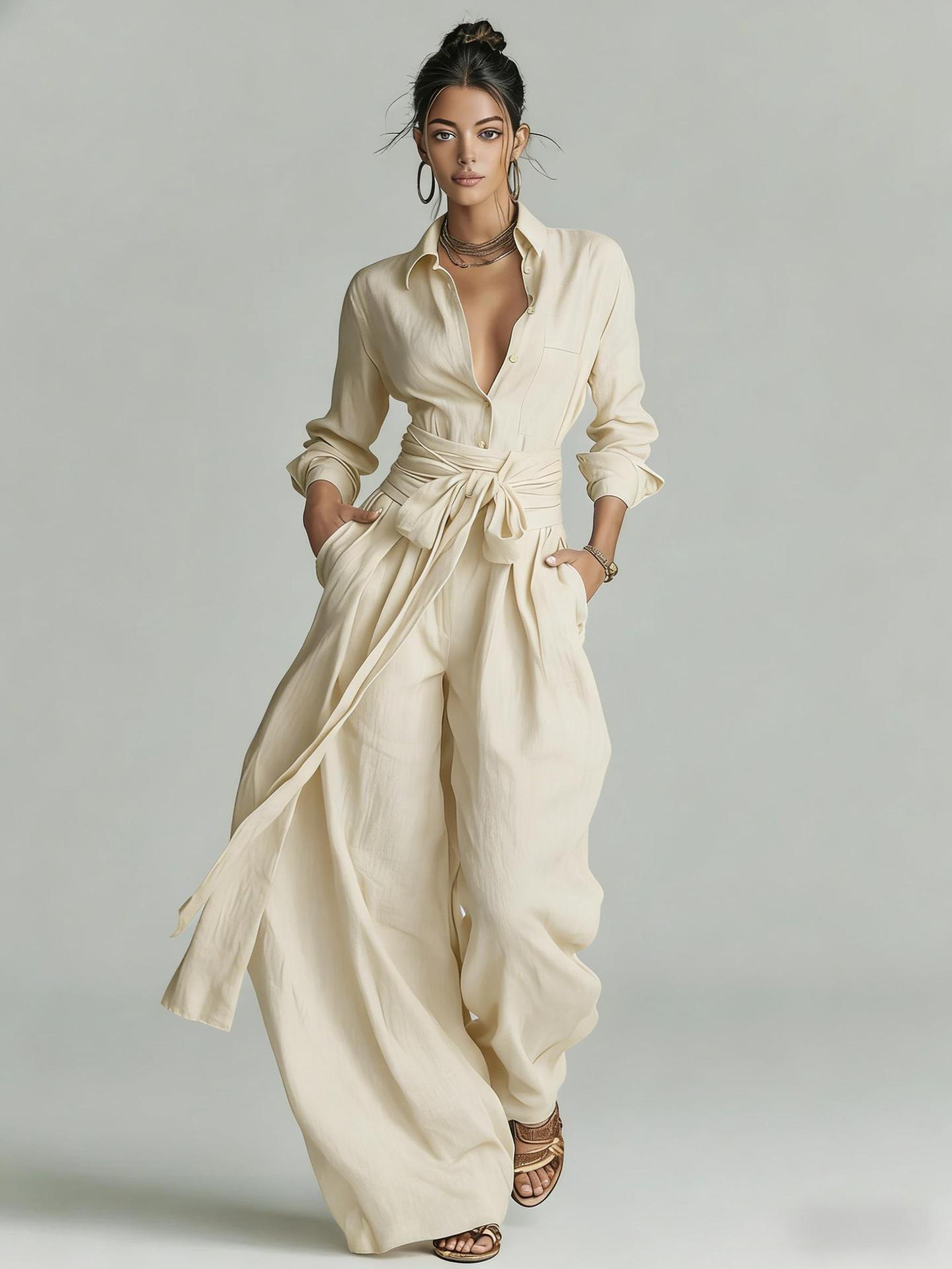 Solid Color Vintage High-Waist Tie-Waist Wide-Leg Jumpsuit