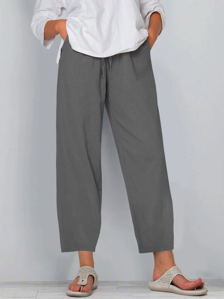 Women's Cotton-Linen Wide-Leg Pants with Elastic Waist Solid Color Casual Long Pants