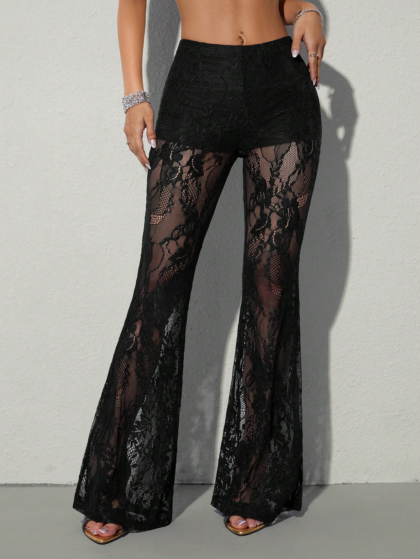 Women's Lace Flare Pants Sheer High Waist Slim Fit
