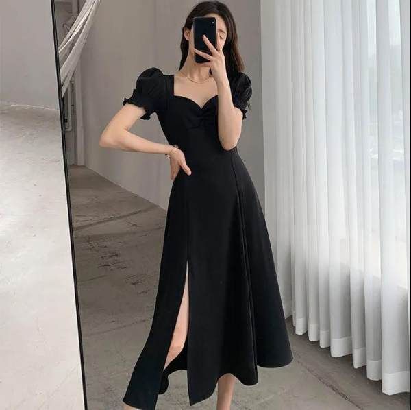 Women's Square Neck Puff Sleeve A-Line Midi Dress with Slit